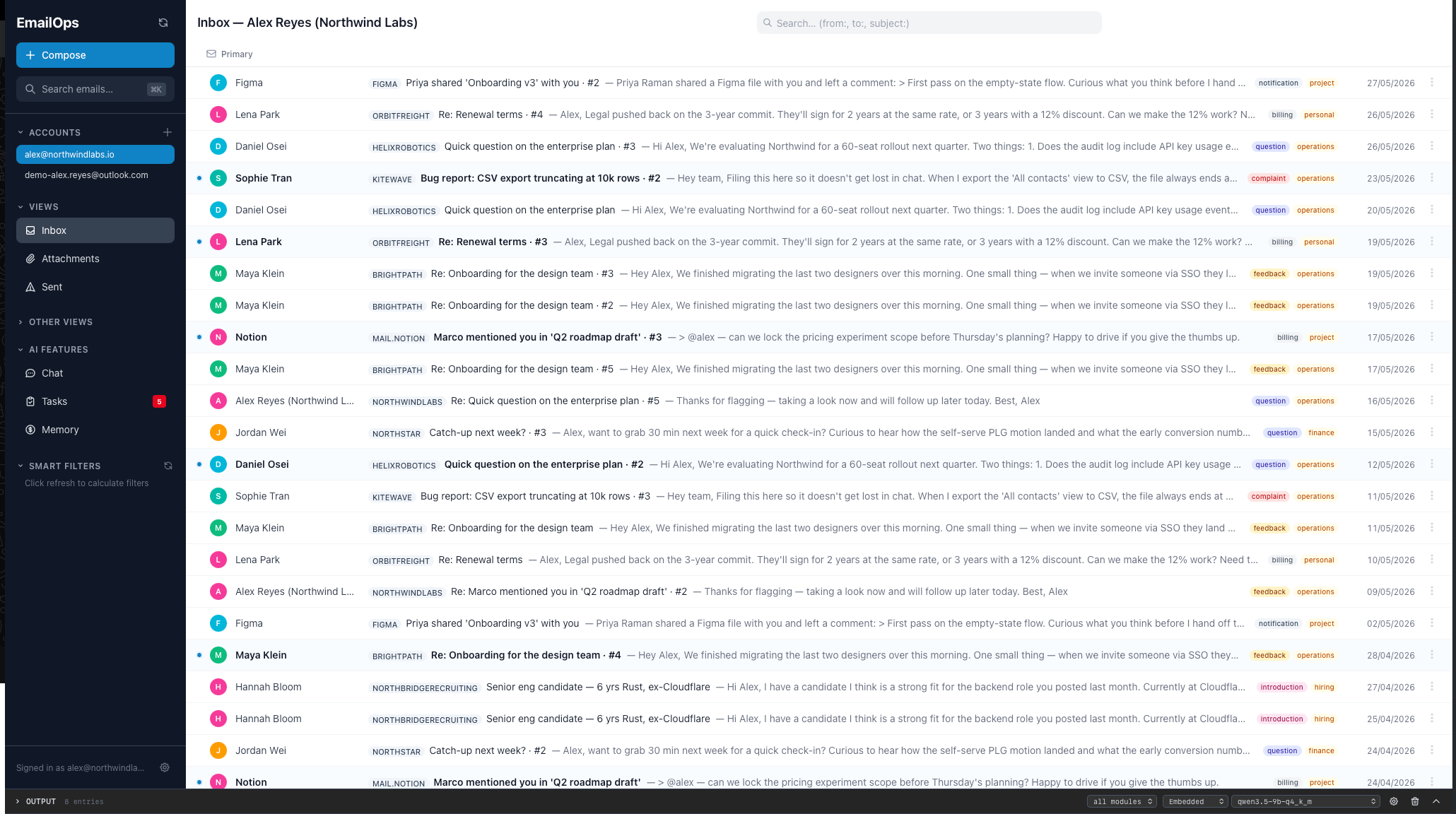 EmailOps inbox with AI labels