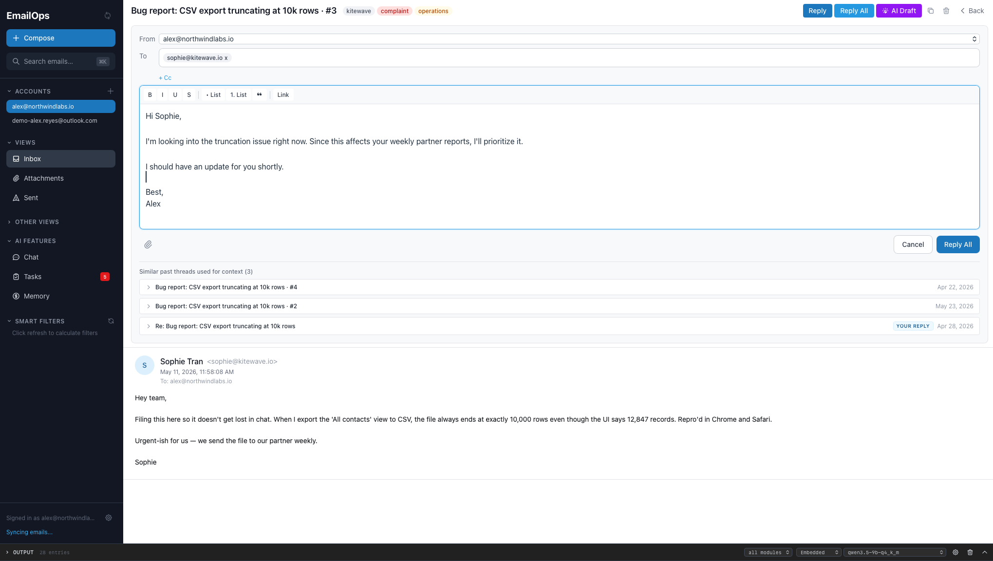 EmailOps AI reply drafted from previous emails